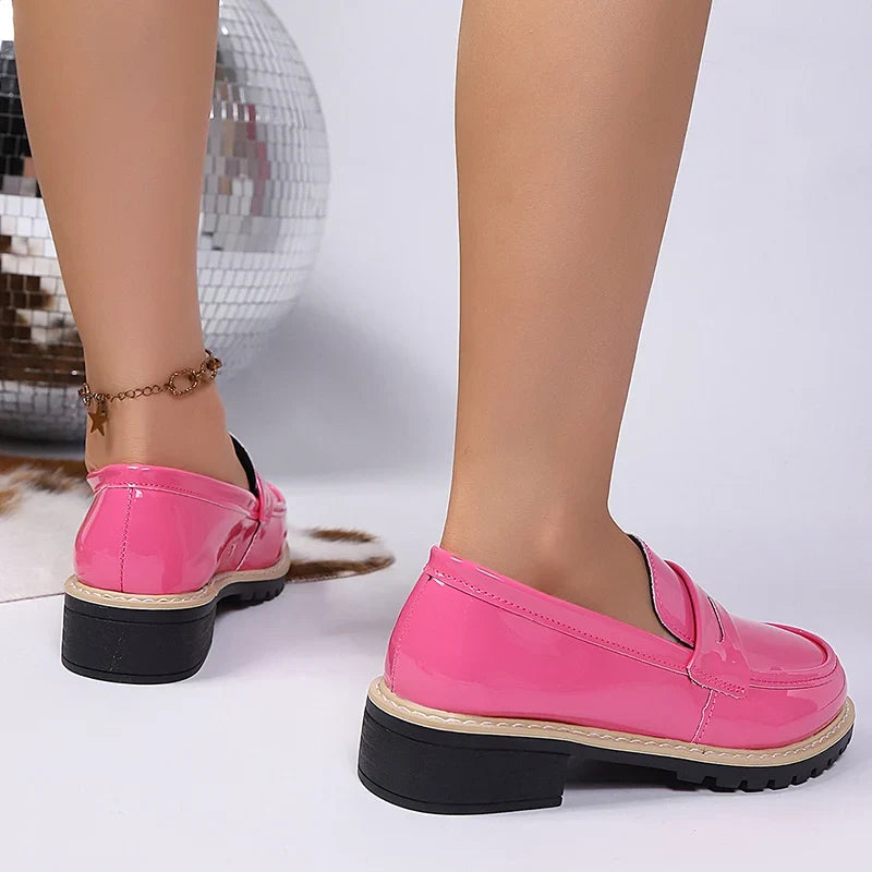Patent Leather Thick Heels Loafers Women Spring New Mixed Color Med Heel Office Pumps Woman Plus Size 43 Slip On Single Shoes