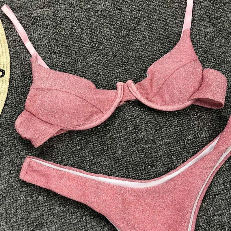 Glitter Shiny Underwired V-Bar Bikini Women Swimsuit Female Brazilian Swimwear Two-piece Bikini Set Triangle Bathing Suit Swim