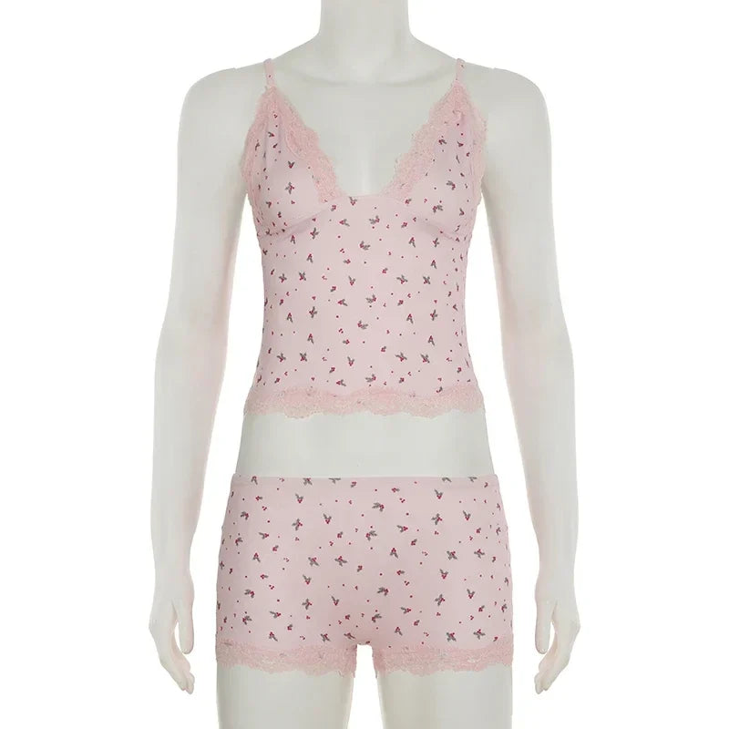 Cute Pink Floral Lace Patchwork Two-piece Pajamas Set for Women Sleepwear Sleeveless Camisoles and Slim Shorts Loungewear