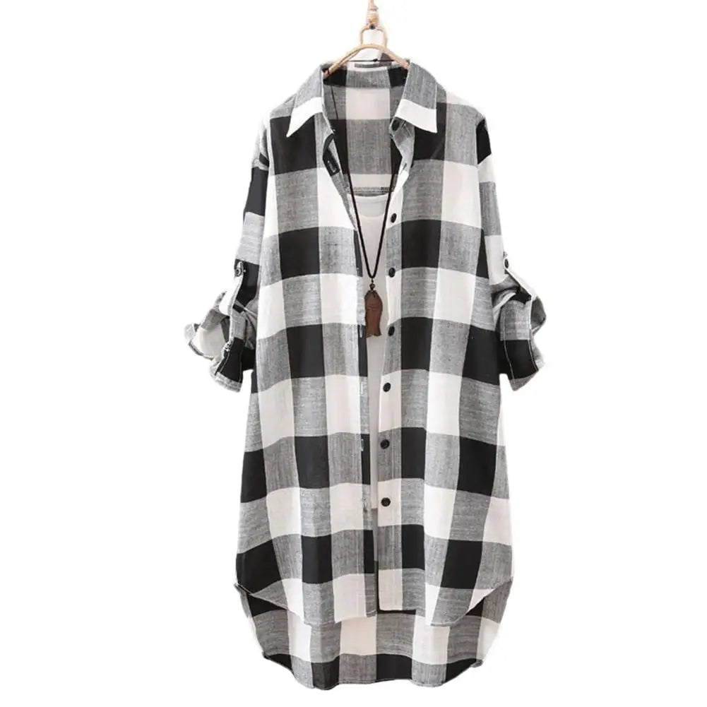 Long Sleeve Lapel Oversized Shirts Women Shirt Plaid Print Irregular Hem Single-breasted Soft Breathable Lady Long Top