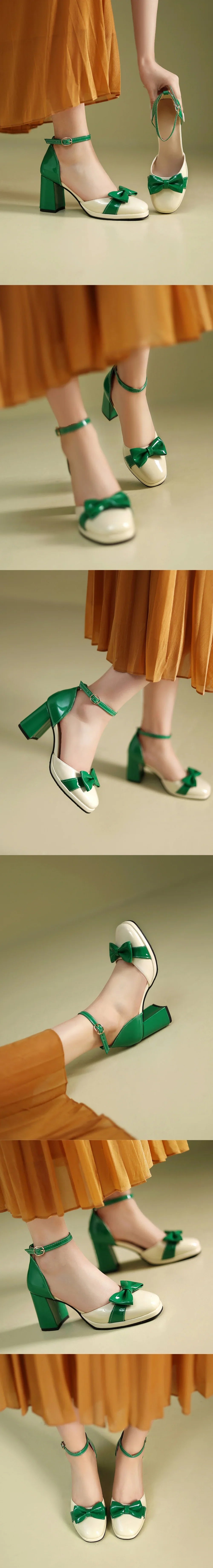 Plus Size 32-48 Mary Jane Heels Shoes Women Bow Decor Ankle Strap Platform Chunky Block Heel Sweet Lolita Pumps