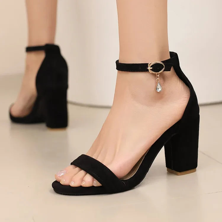 Beige Suede Ankle Strap Block Heel Sandals for Women, Round Open Toe with Rhinestone Accent, Multiple Colors Available