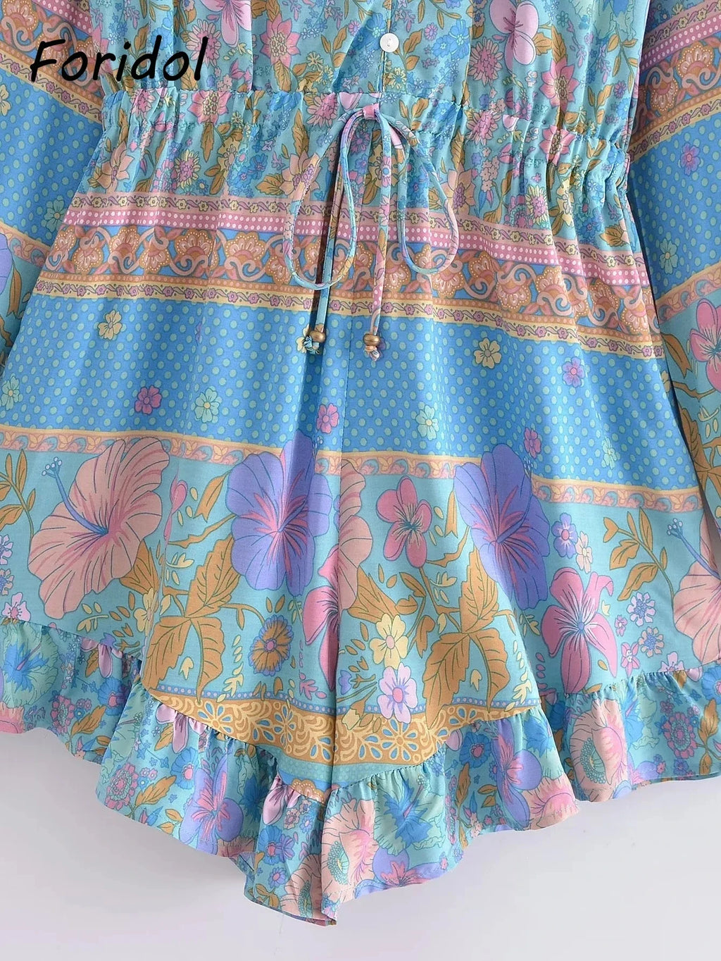 Long Sleeve Spring Summer Short Jumpsuit Women Printed Bohemian Wide Leg Playsuit Female Romper Ruffles Rayon Boho Overalls 2025