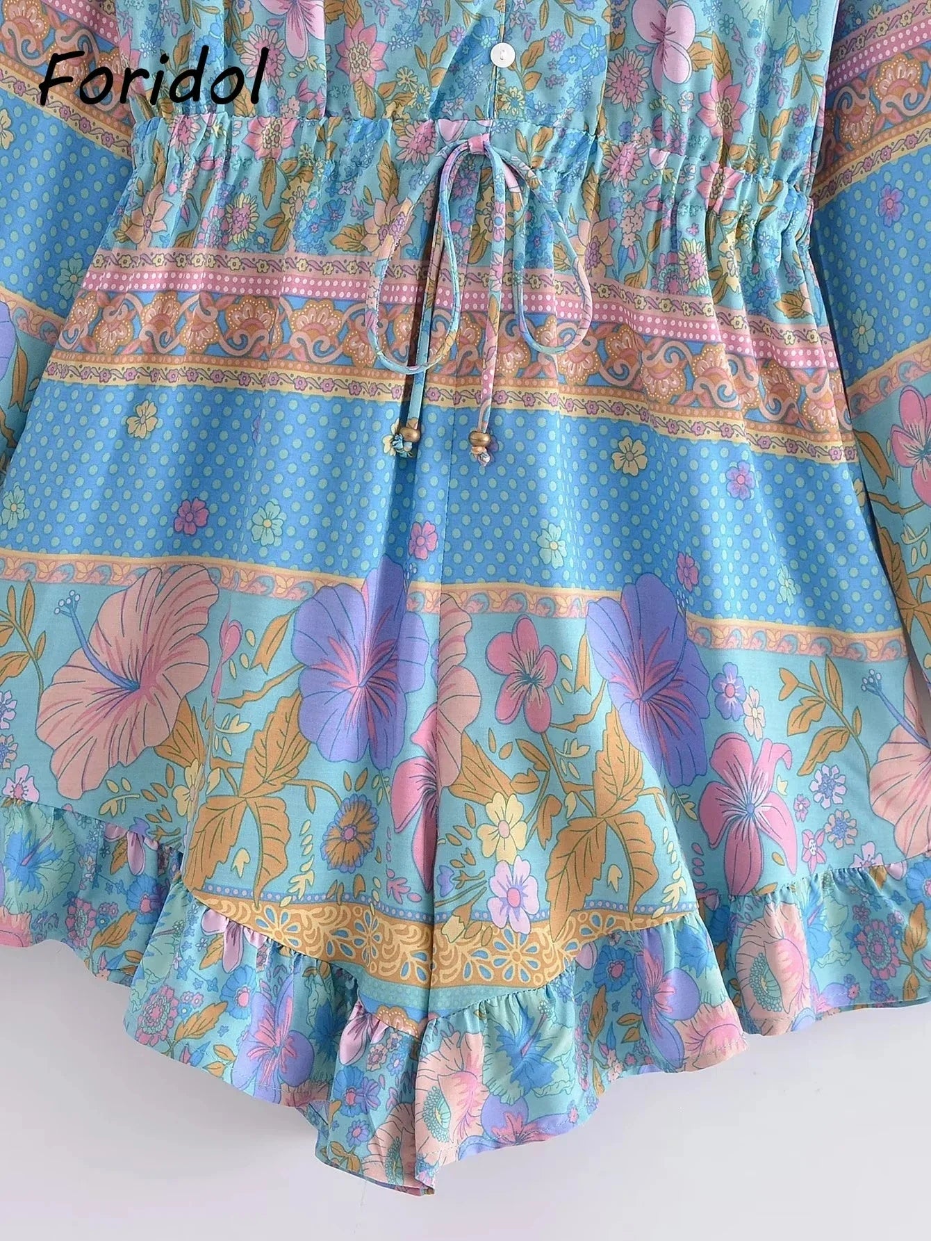 Long Sleeve Spring Summer Short Jumpsuit Women Printed Bohemian Wide Leg Playsuit Female Romper Ruffles Rayon Boho Overalls 2025