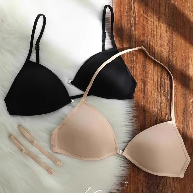 Sexy French Triangle Bra No Underwire Push-Up Front Button Beauty Back Women's Exquisite Lingerie Thin Bikini Seamless Bra