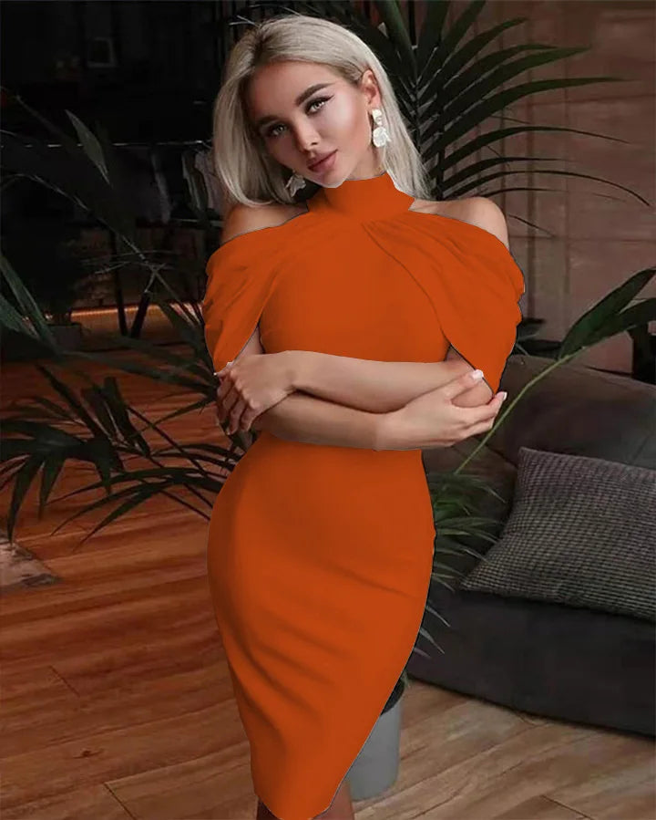 2024 New Solid Color Slim Midi Dresses Women Halter Neck Off Shoulder Package Hip Bodycon Elegant Temperament Ladies Party Dress