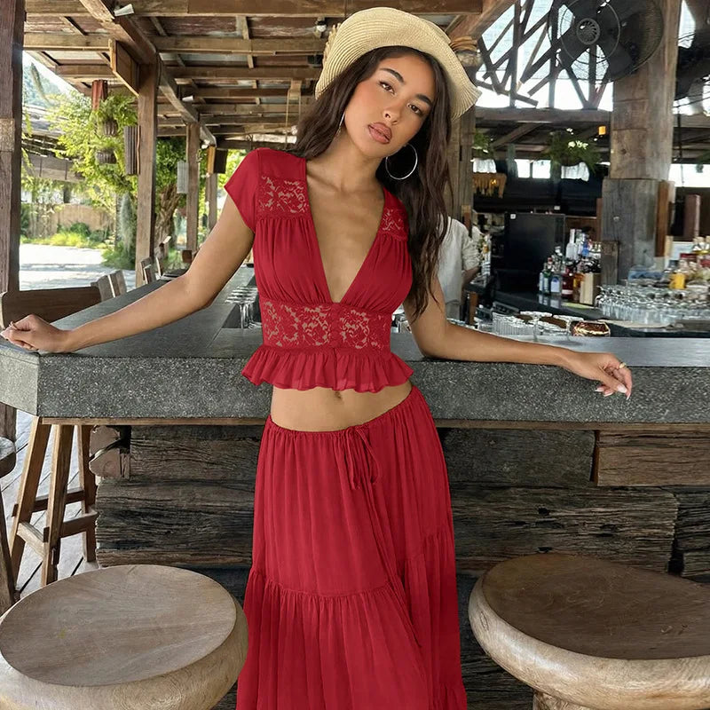 FDYOUI Sexy V-neck Lace Patchwork T-shirt Tops+Long Skirt 2 Piece Set Women's Summer Green Holiday Party Dress Suit Streetwear