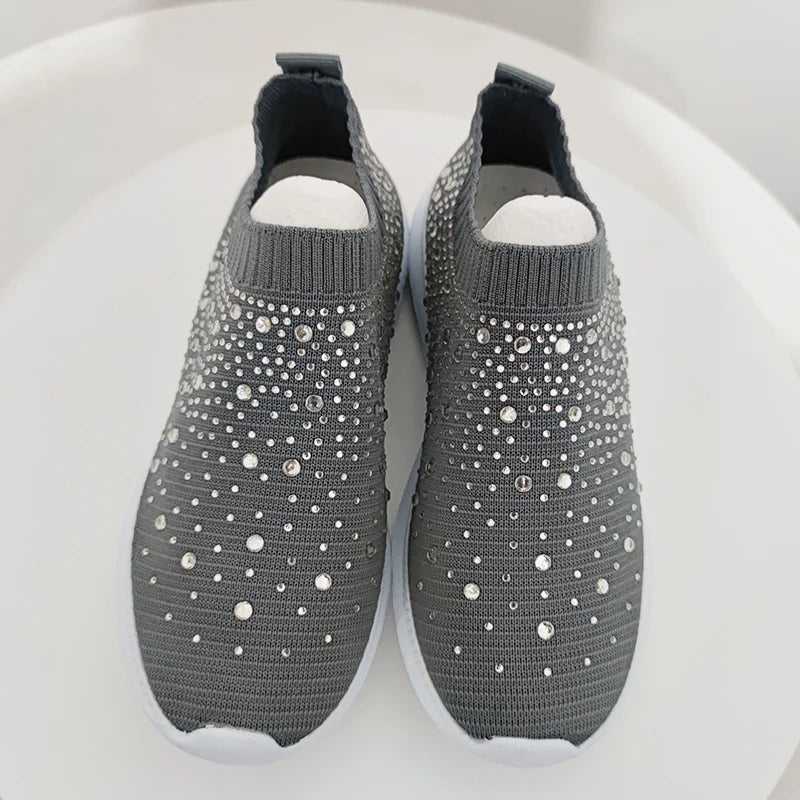 Women's Slip-On Crystal Sneakers 2025 Breathable Mesh Plus Size 35-43 Casual Flats Women Comfort Soft Sole Running Walking Shoes