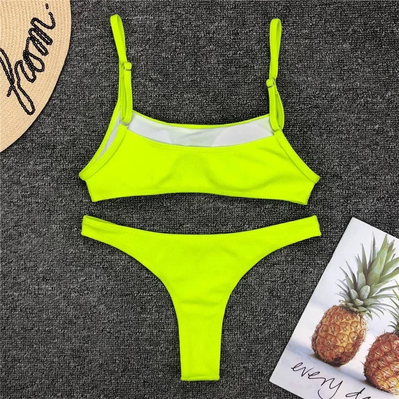 Sexy Neon Yellow Ribbed Brazilian Bikini Women Swimwear Female Swimsuit Two-pieces Bikini Set High Cut Bather Bathing Suit Swim
