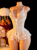 New Crotchless Sexy Lingerie Women Lace Bodysuit Erotic Costumes Teddy Baby Dolls Dress Deep V Open Crotch Porn Underwear Set