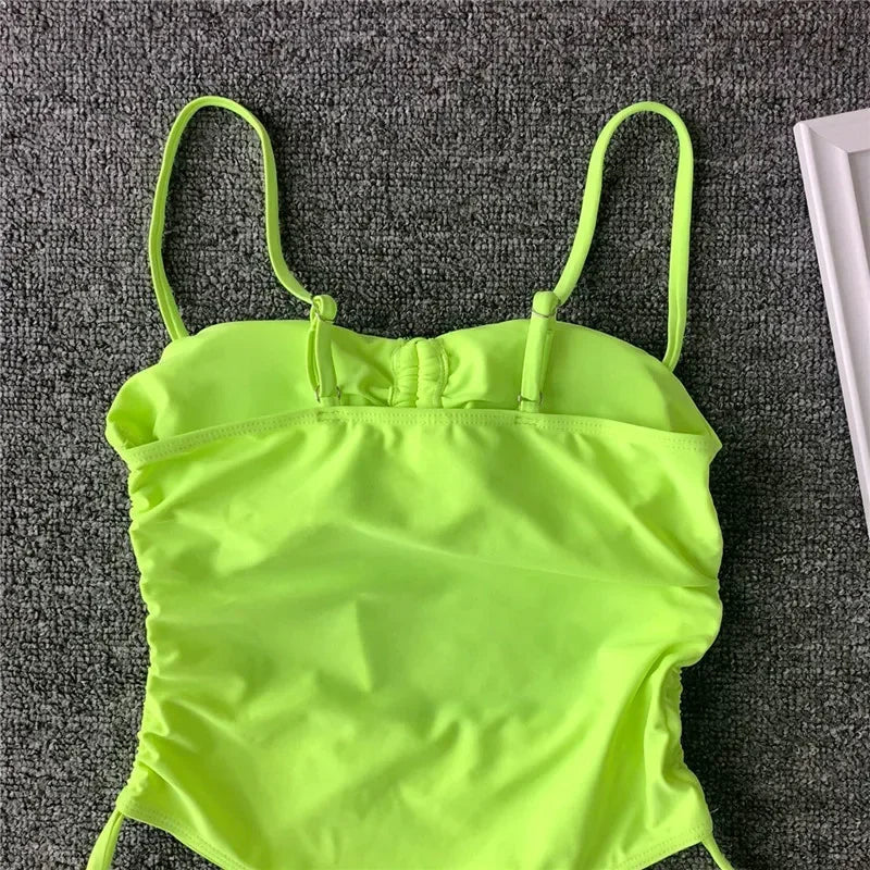 Neon Green Tummy Cut Out Female Swimwear One Piece Swimsuit Women Thong String Monokini High Leg Cut Bathing Suit Swim Bodysuit