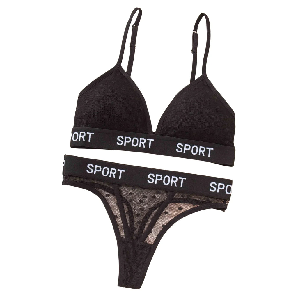 Women Lace Bra And Panties Set Sheer Polka Dot Lingerie Non-wire Bralette Sexy Low Rise Thongs Letter Band Mesh Underwear Set