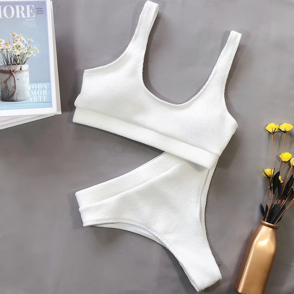 5 Colors Sexy Bikini Women Solid Knitted High Waist Swimwear Swimsuit Female Bikinis Set Bathing Suit Sport Bikini Taille Haute