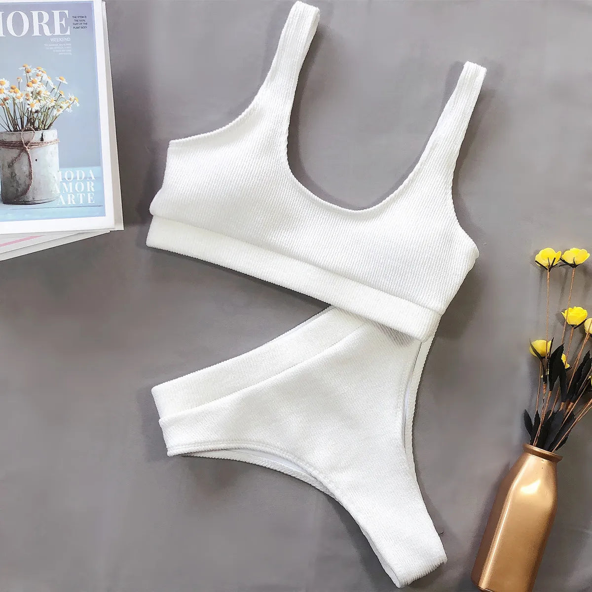 5 Colors Sexy Bikini Women Solid Knitted High Waist Swimwear Swimsuit Female Bikinis Set Bathing Suit Sport Bikini Taille Haute
