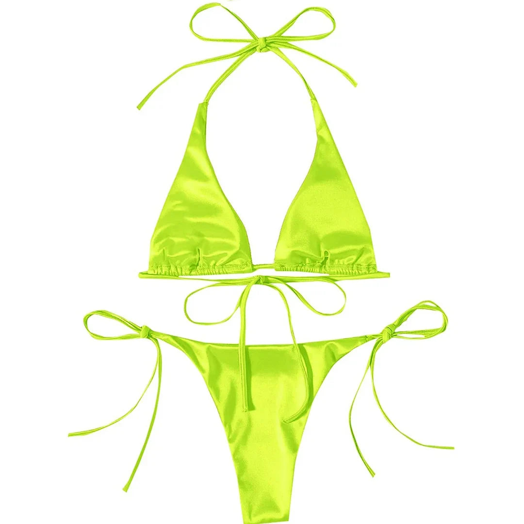 Sexy 13 Colors Halter Satin Brazilian Bikini Women Swimwear Female Swimsuit Two-pieces Bikini set Bather Bathing Suit Swim V4966