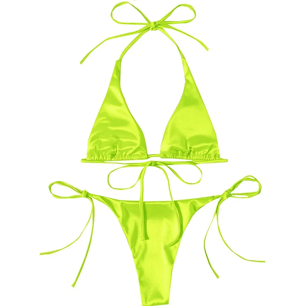 Sexy Satin Halter Brazilian Padded Bikini Female Swimsuit Women Swimwear Two-Pieces Bikini Set Bather Bathing Suit Swim V4966S