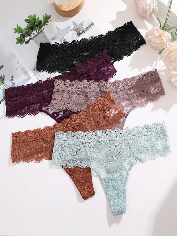 5Pcs Lace Sexy Thongs Women Low-Rise Briefs Sexy Soft Ladies Underwear Trendy Floral Underpants Female Flowery Panty Lingerie