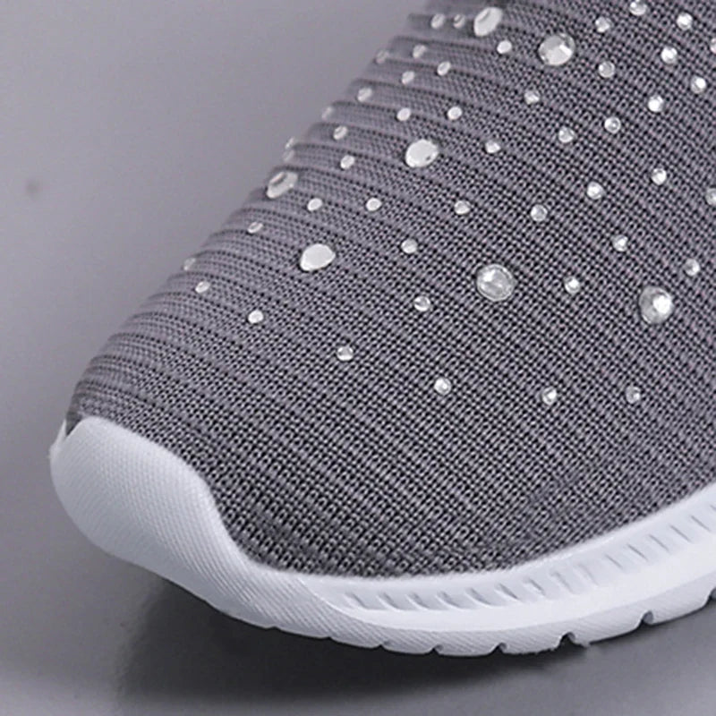 Women's Slip-On Crystal Sneakers 2025 Breathable Mesh Plus Size 35-43 Casual Flats Women Comfort Soft Sole Running Walking Shoes