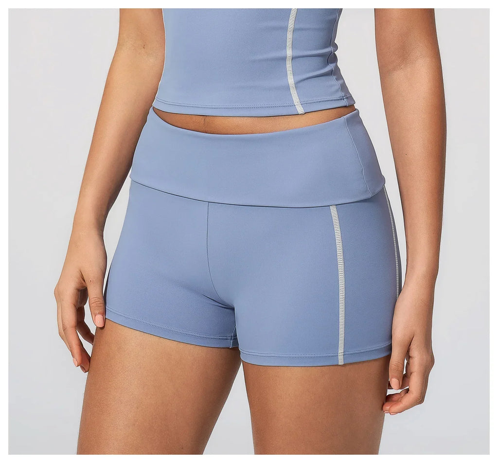 Quick Dry Contrast Color Yoga Shorts 2026 Tights Hip Lifting Workout Fitness Leggings High Waist Folded Running Athletic Shorts