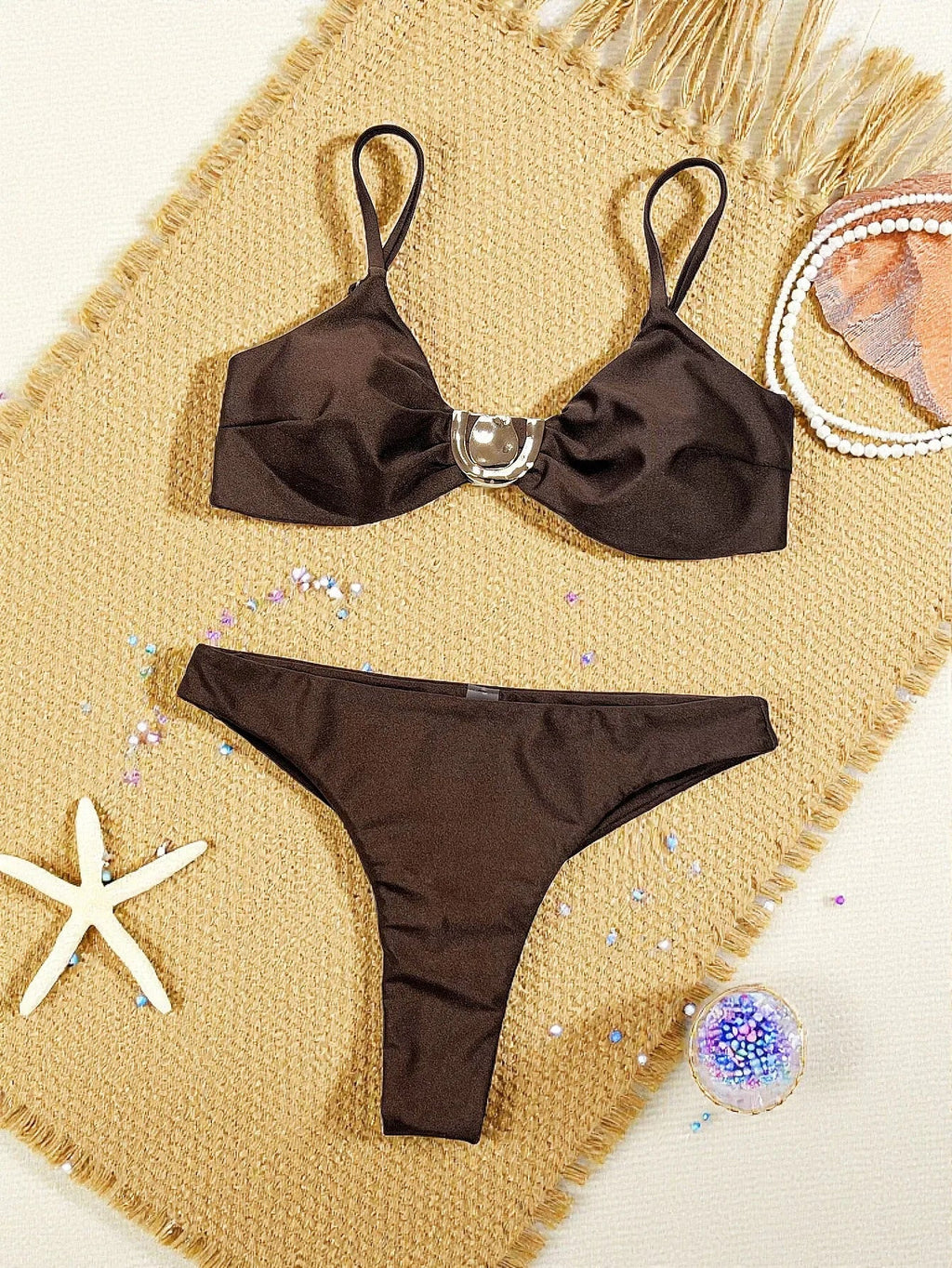 New Metal Buckle Micro Bikini Set 2026 Women Coffee Push Up Bra Bandage High Waist Swimsuit Beach Bathing Suit Swimwear Biquini