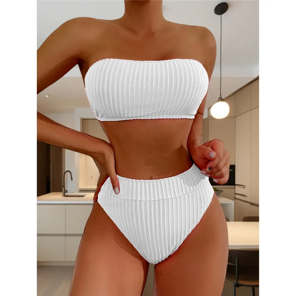 S - XL Bandeau Wrinkled Female Swimsuit High Waist Bikini Women Swimwear Two-Pieces Bikini Set Bather Bathing Suit Swim V5904