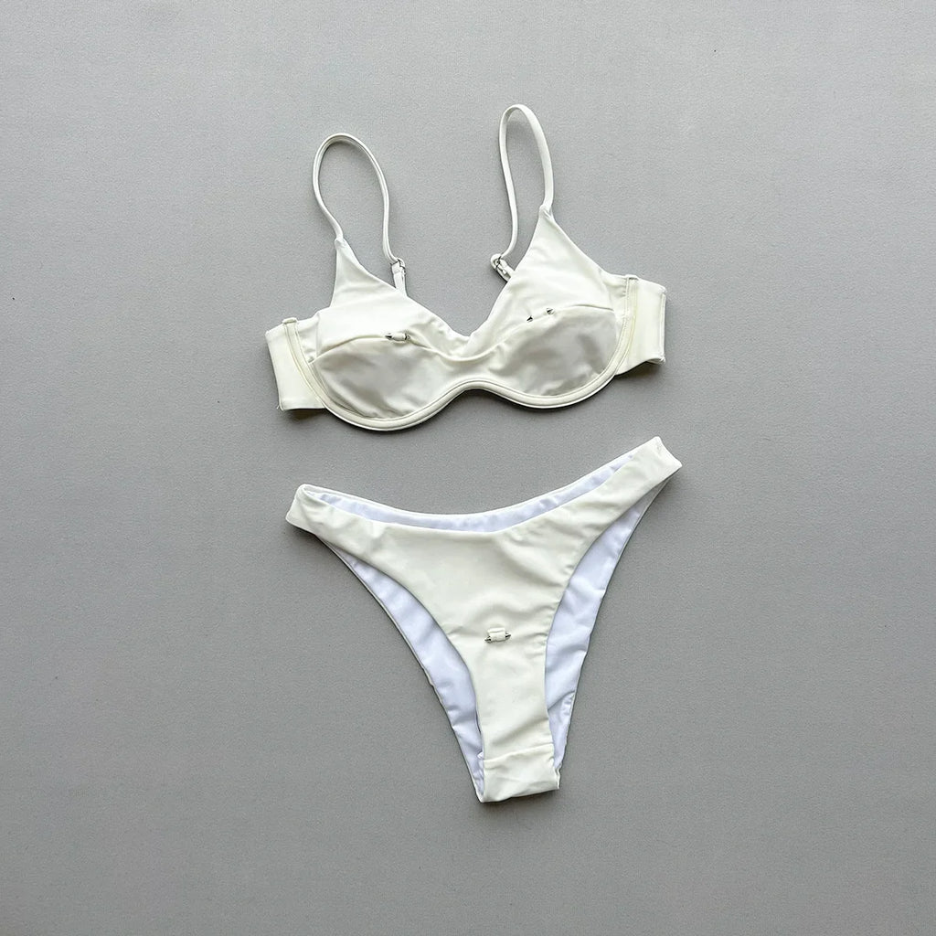 2026 New Women's Underwire Bikini Set Solid Color Strappy Swimsuit Rivet Decor Micro Bikini Sexy Backless Bathing Suit Beachwear