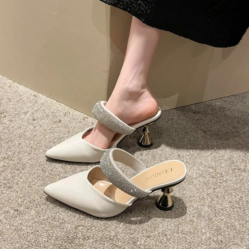 American pointed rhinestone high-heeled slippers women slim heels with toe caps, empty fashion sandals,