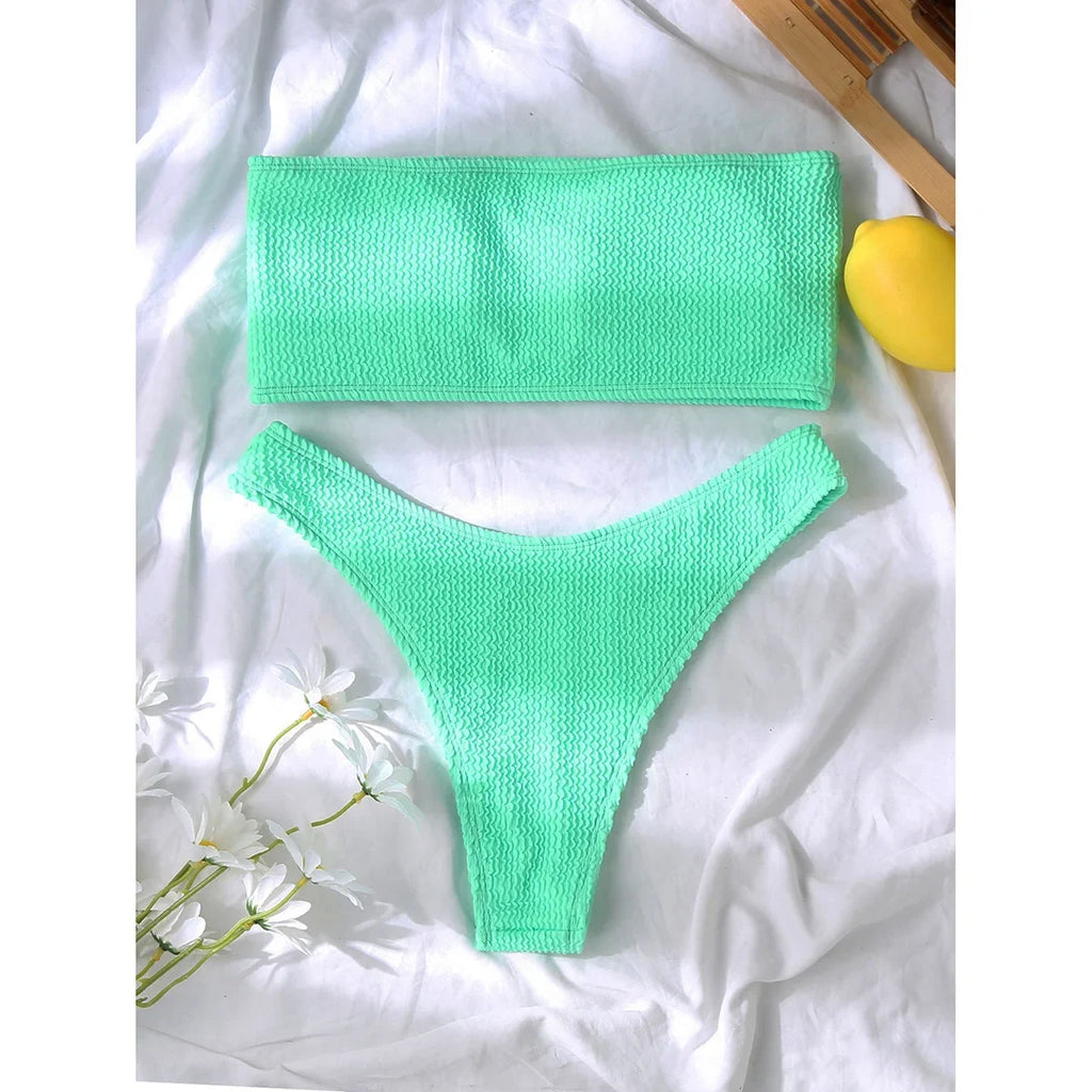 Bandeau Wrinkled Crinkled Bikini Female Swimsuit Women Swimwear Two-pieces Bikini set High Cut Bather Bathing Suit Swim V3314