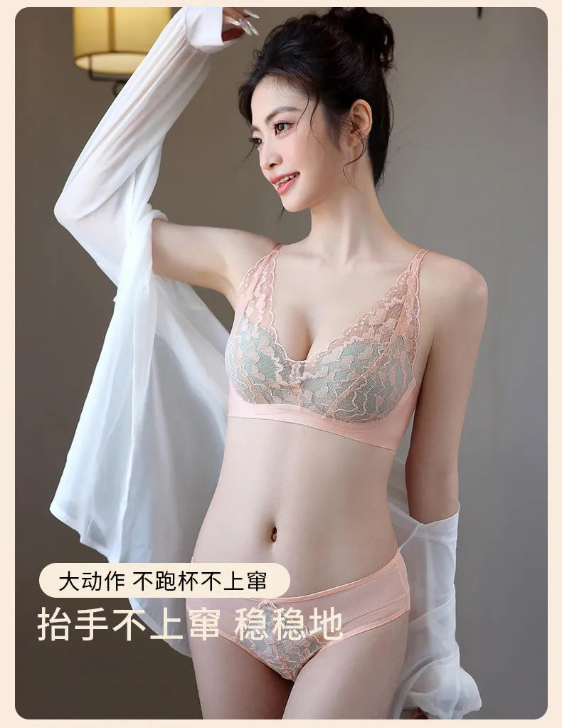 French Style Sexy Lace Underwear Set, Non-Padded Push Up Bra for Small Bust, Wirefree & Breathable, New Hot Bestseller MOYISU AB