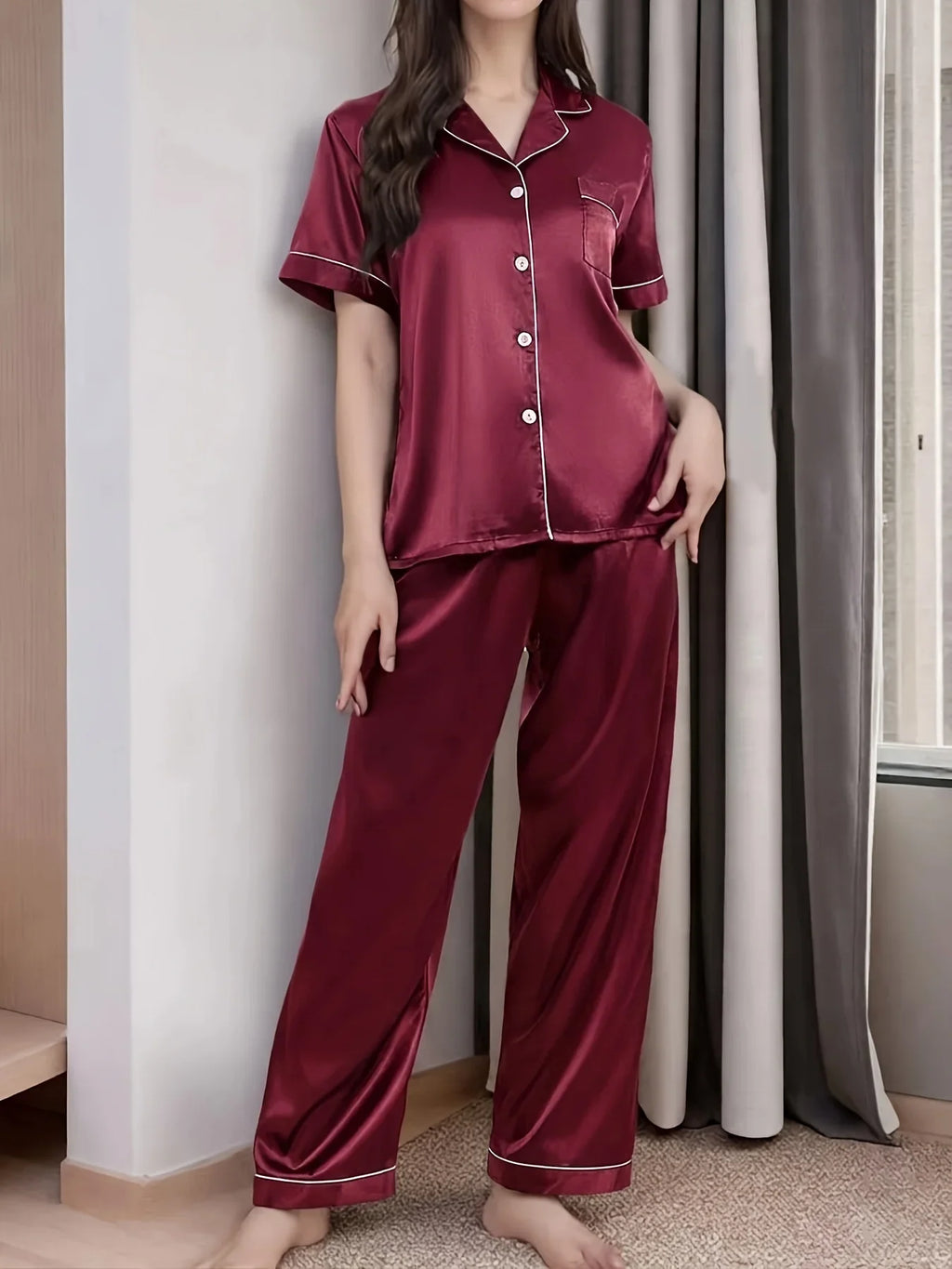 Women's Satin Silk Pajamas Set Short Sleeve Top and Long Pants Comfortable Casual Home Wear Spring Autumn Sleepwear
