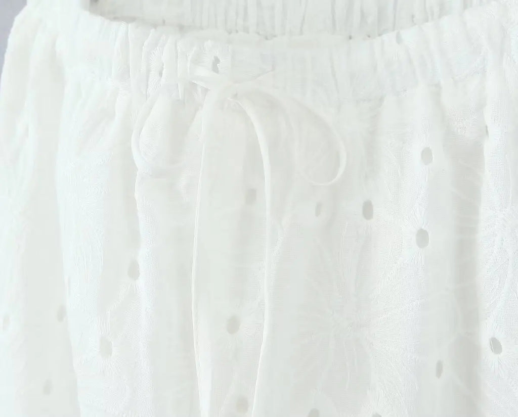 Foridol Hollow Out Cotton Women's 2 Pieces Set White Summer Pants Set Embroidery Top Pants Suit Matching Set Beach Casual Pants