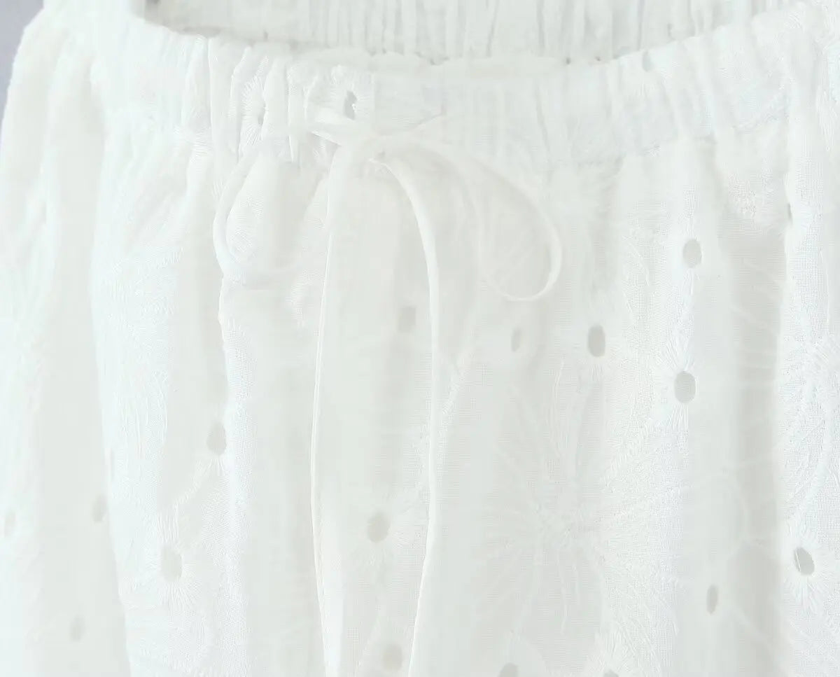 Foridol Hollow Out Cotton Women's 2 Pieces Set White Summer Pants Set Embroidery Top Pants Suit Matching Set Beach Casual Pants