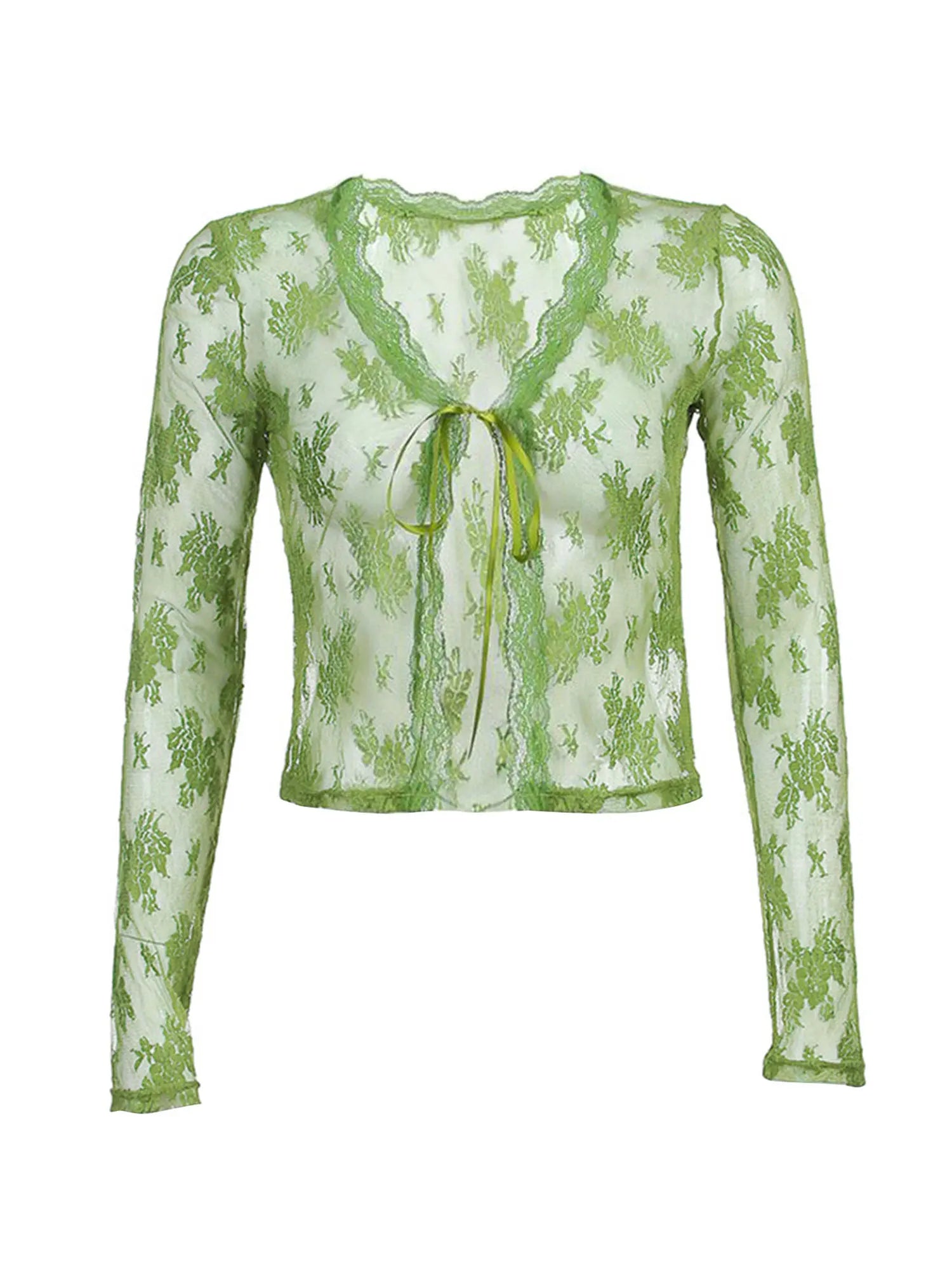 Women Floral Lace Shirts Long Sleeve Front Tie-up Smock Tops Sexy Beach Tops and Blouses Female See Through Cover-ups