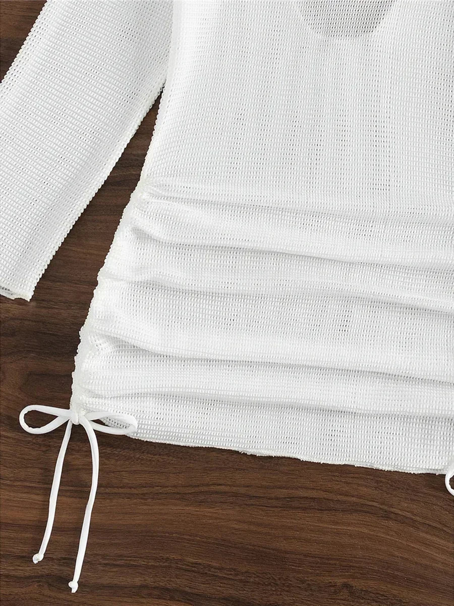 S - XL Long Sleeve Backless Crochet Knitted Tunic Beach Cover Up Women Cover-ups Beach Dress Beach Wear Female Beachwear