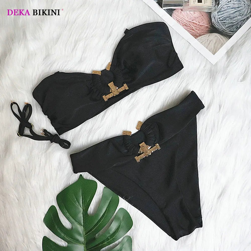 DEKA Bandeau U-Neck Metal Bikini Set Push Up Padded Cup Swimwear Women Solid Swimsuit Beachwear Water Swiminmg Bathing Suit