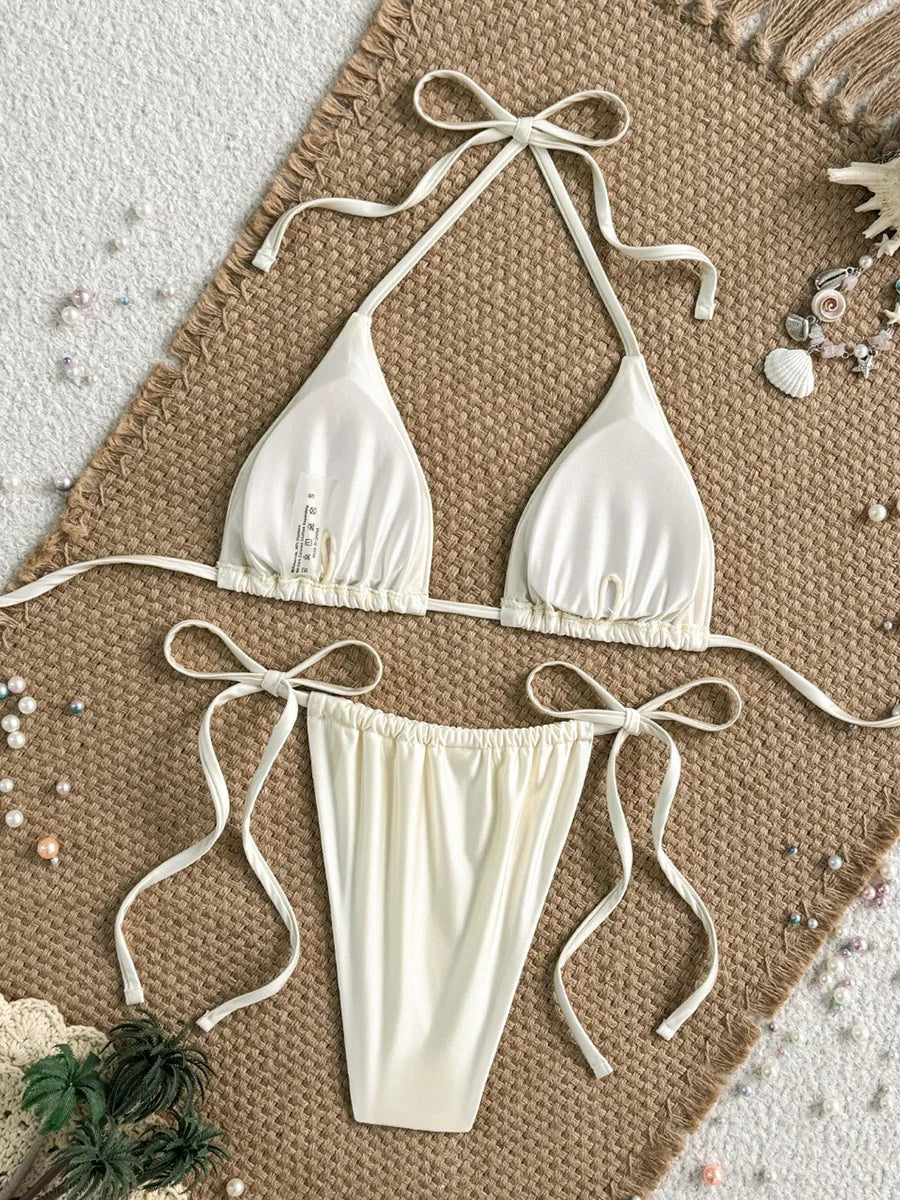 3D Coconut Tree Halter Pearls Mini Micro Bikini Women Swimsuit Female Swimwear Two-pieces Bikini Set Bather Bathing Suit Swim