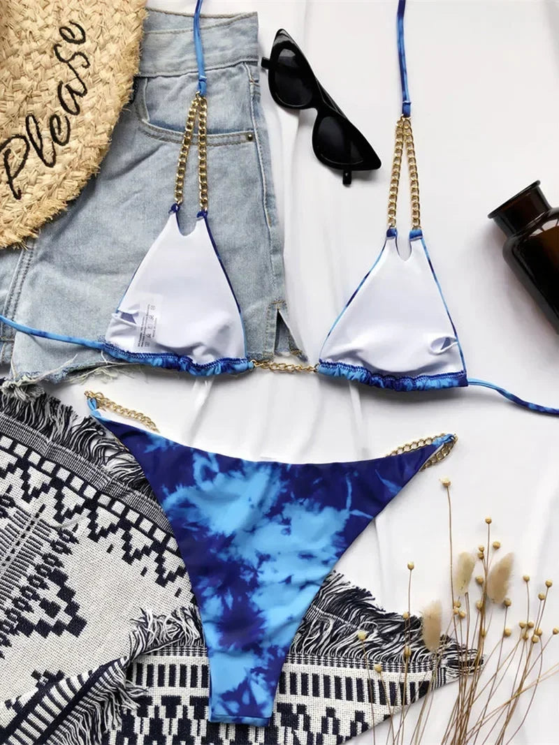 Sexy Cow Print Halter Metal Chains Brazilian Bikini Women Swimsuit Female Swimwear Two Pieces Bikini Set Bathing Suit Swim Lady