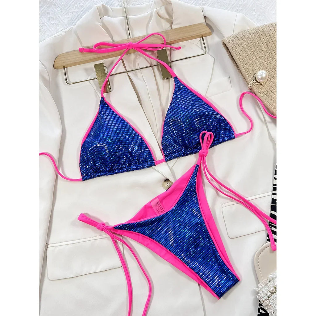 Shiny Sequin Brazilian Cheeky Bikini Women Swimwear Female Swimsuit Two-Pieces Bikini Set Bather Bathing Suit Swim Lady V3861