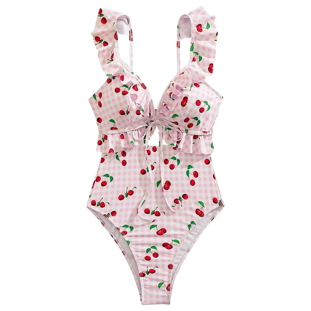 S - XL Cherry Printed Plaid Cut Out One Piece Swimsuit Women Swimwear Female Frilled High Leg Cut Bather Bathing Suit Swim V7557