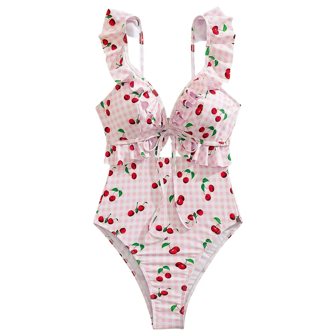 S - XL Cherry Printed Plaid Cut Out One Piece Swimsuit Women Swimwear Female Frilled High Leg Cut Bather Bathing Suit Swim V7557