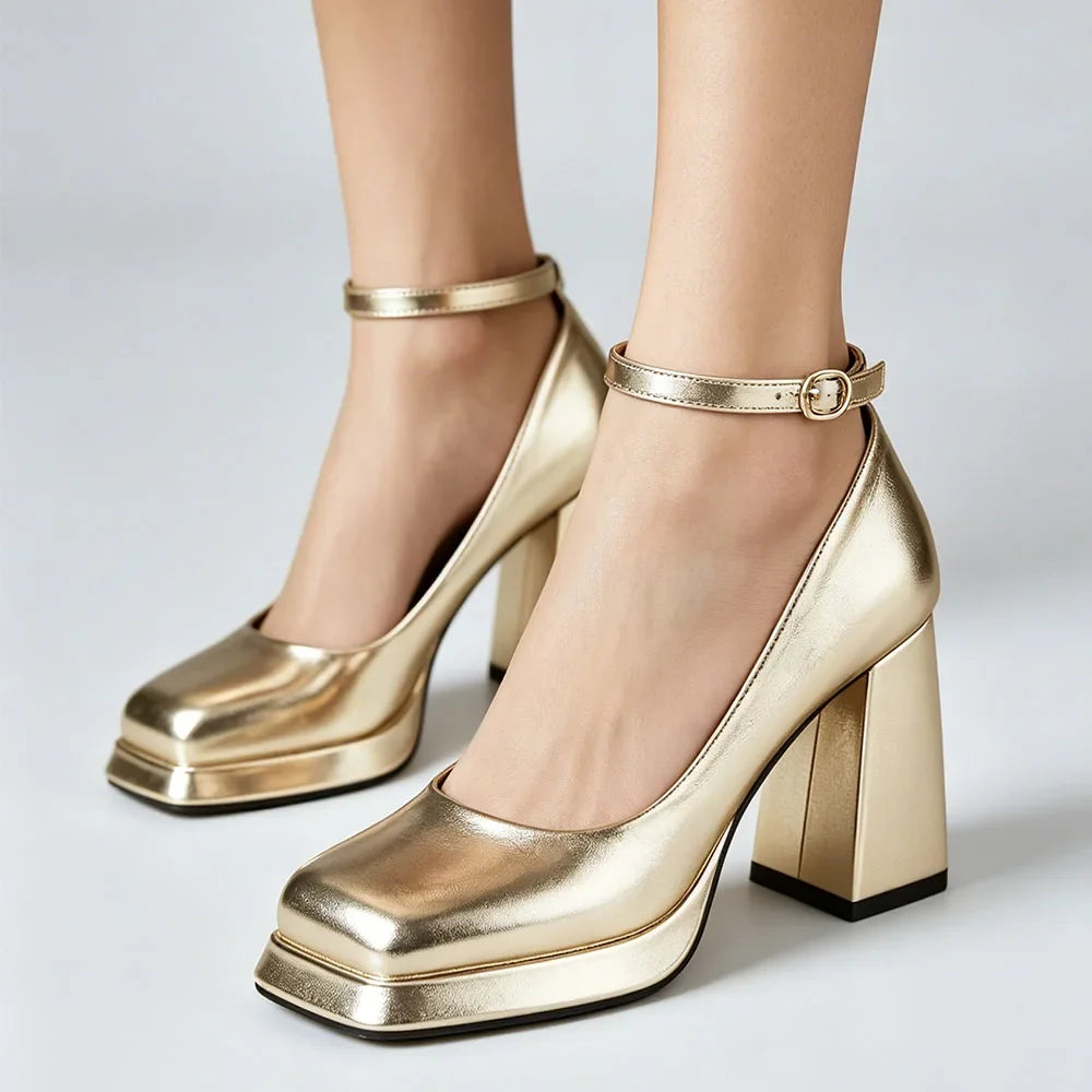 Big Size 32-46 Elegant Gold Metallic Platform High Heels Women Shoes Square Toe Ankle Strap Chunky Heel Party Wedding Pumps