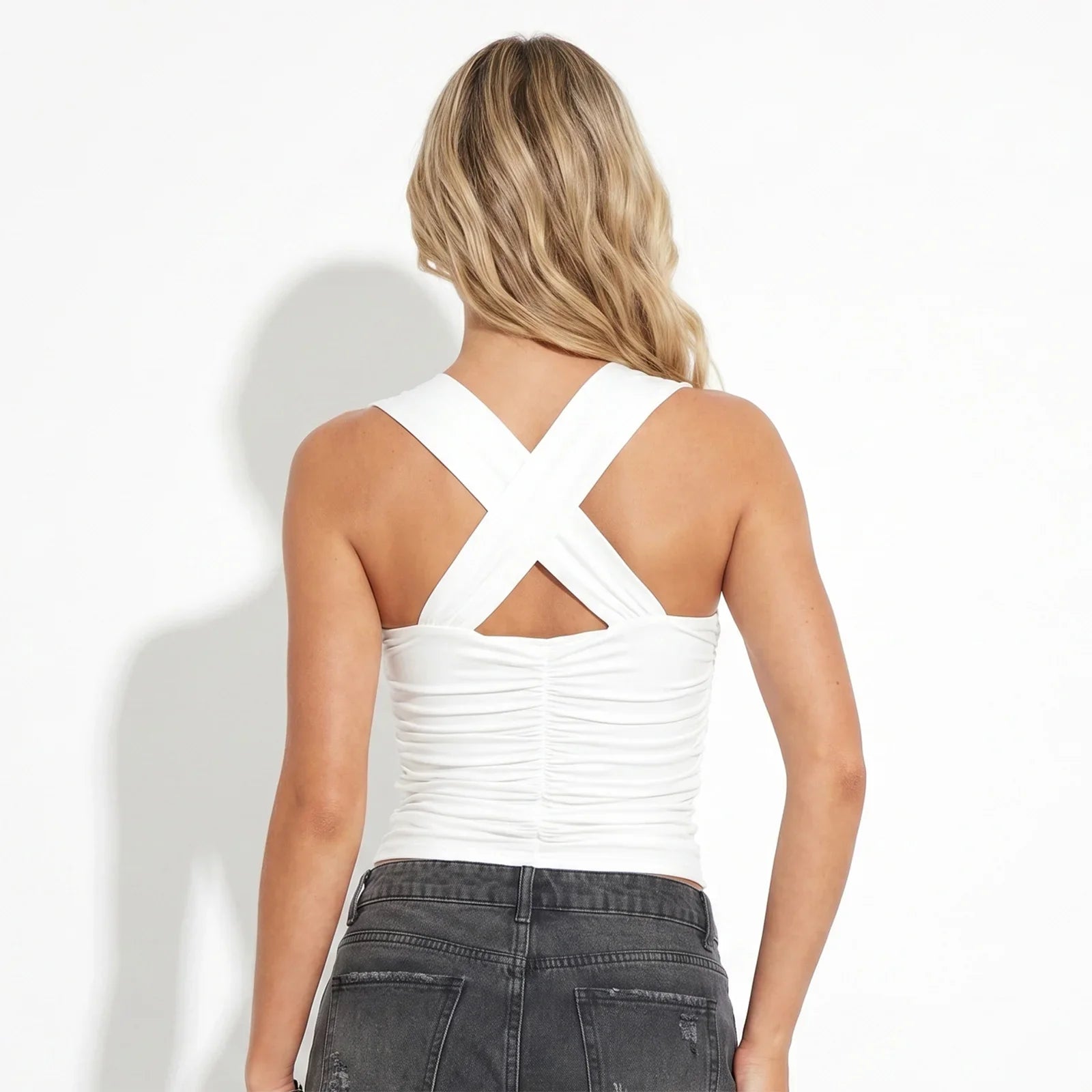 Women Square Neck White Tank Tops Ruched Design Sleeveless Solid Color Slim Fit Crop Tops Summer Vest Shirts