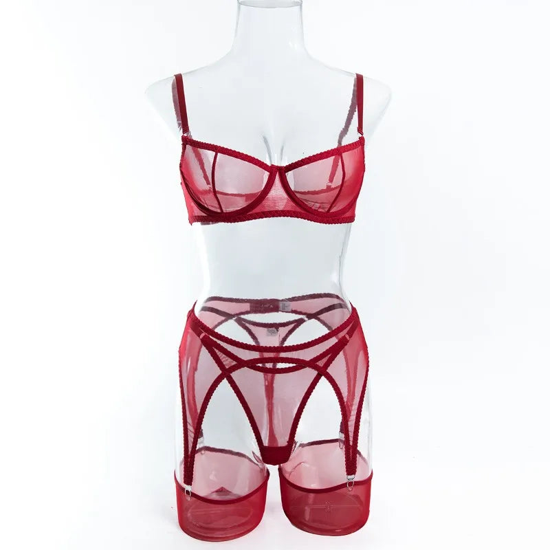 Toucheart Erotic Lingerie Comfortable Mesh Sexy Body Shaping Ultra-thin See-through Sexy Underwear Four-piece Set with Stockings