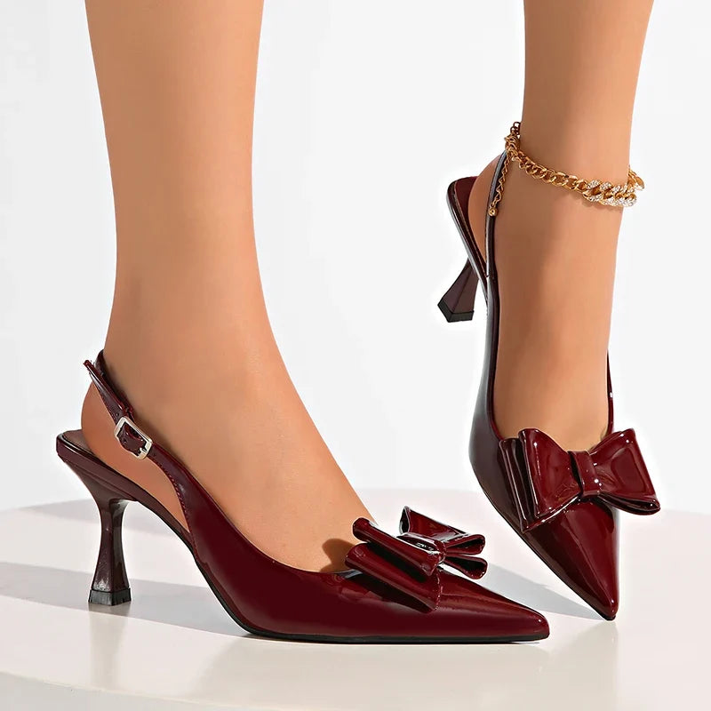 Sexy Wine Red High Heel Sandals Women Bowknot Pointed Toe Stiletto Heels Mules Shoes Woman Fashion Slip On Party Dress Shoes