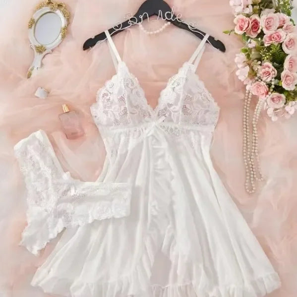 New Summer Erotic Pajamas Home Wear Dress Sexy Lingerie Floral Lace Romantic Nightgown Sheer Seductive Panties Porn Nightdress
