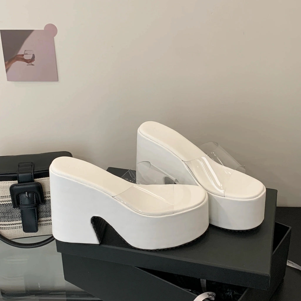 Summers Chunky Women Slippers Fashion Elegant PVC Transparent Platform Wedges Heel Slides Ladies Casual Outdoor Beach Sandalias