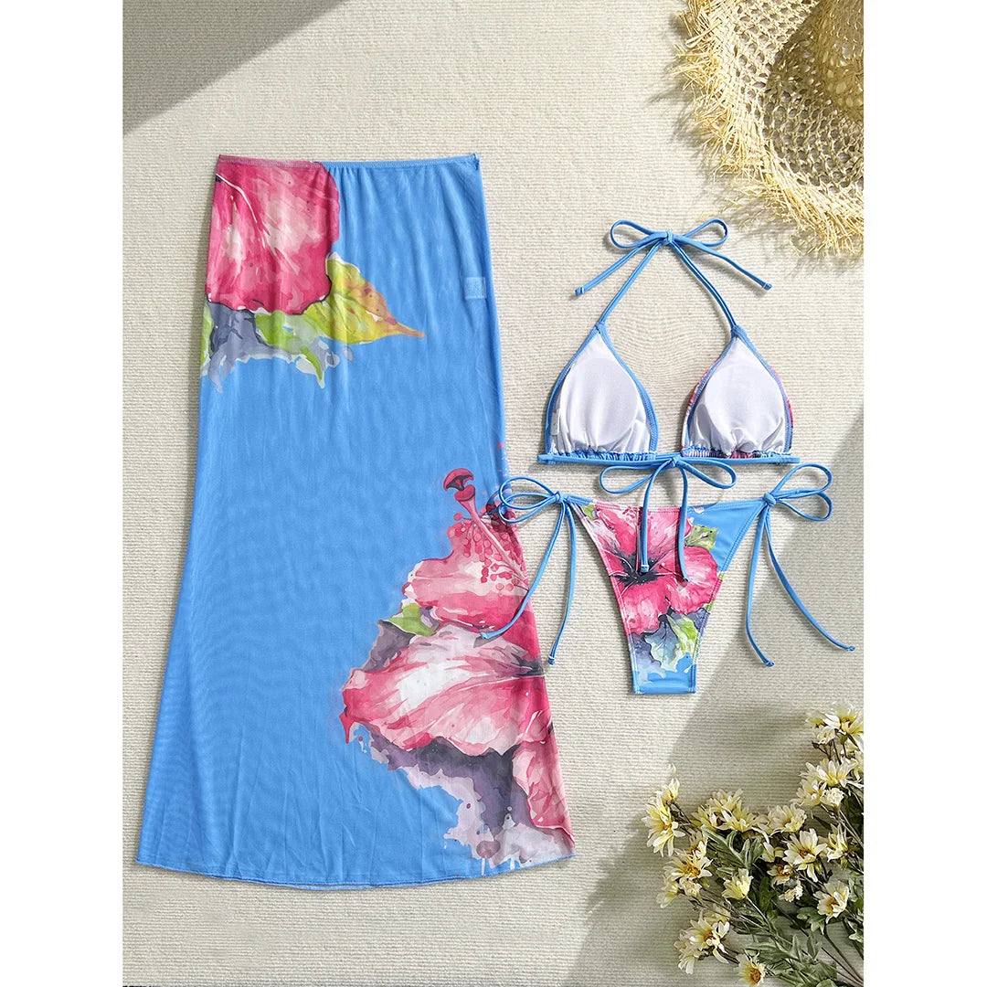 10 Color Flowers Halter Bikini Female Swimsuit Women Swimwear Three-pieces Bikini set With Skirt Bather Bathing Suit Swim V6637C