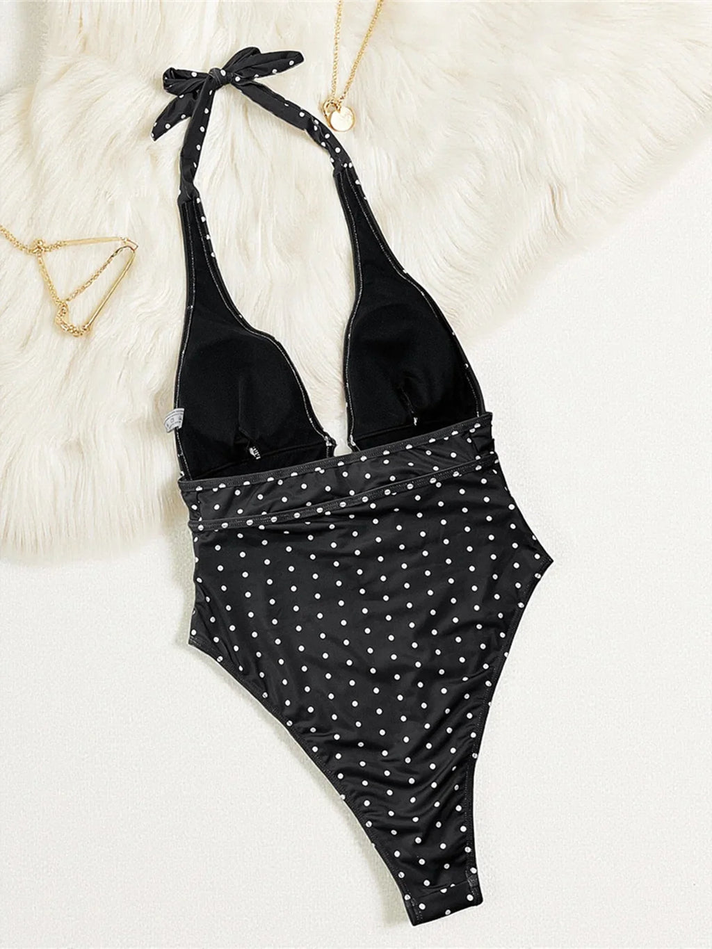 Polka Dots Halter Deep V Neck One Piece Swimsuit Women Swimwear Female Backless Monokini Padded Bather Bathing Suit Swim V7729