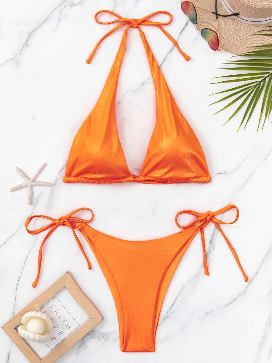 String Bikini 2026 Women Solid Halter Swimsuit Sexy Tie Side Swimwear Female Bathing Swimming Swim Suit Beachwear