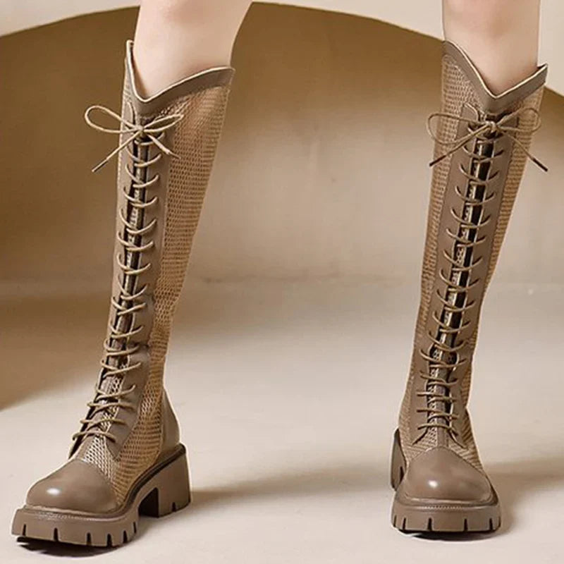 Fashion Breathable Mesh Boots for Woman Summer Solid Zipper Mid-Calf for Women Round Toe Lace Up High Heels Shoes Ladies